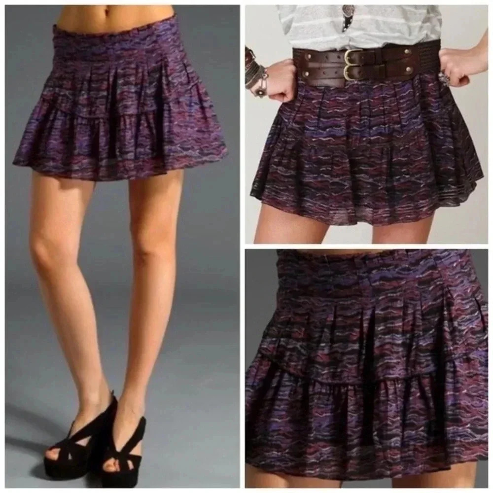 Free People Pleated Skater Space dye Pattern Tiered Mini Skirt Grunge Mod